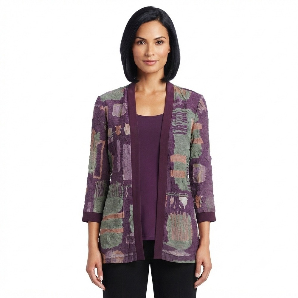 Womens 2-in-1 Blouse 8 Tank and Jacket Textured Open Front Cardigan Plum Purple - Picture 1 of 8